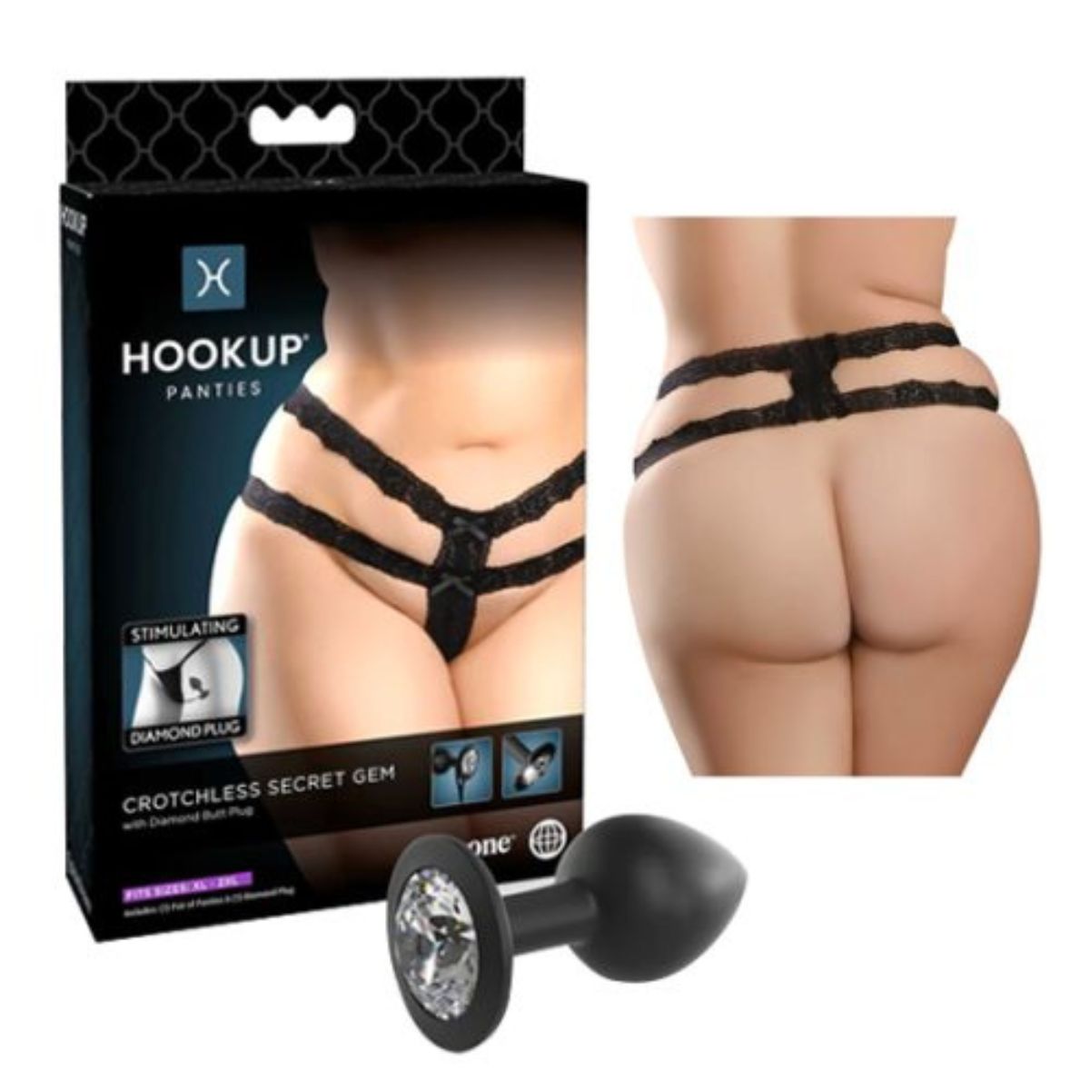 Hookup Panties Crotchless Secret Pearl Black XL-XXL