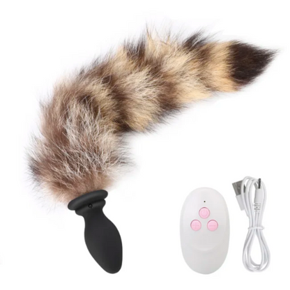 Brown fox tail vibrating anal plug with remote control