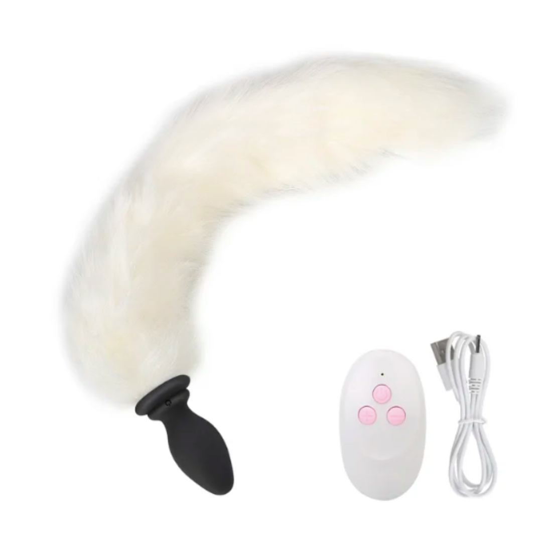 White fox tail vibrating anal plug with remote control