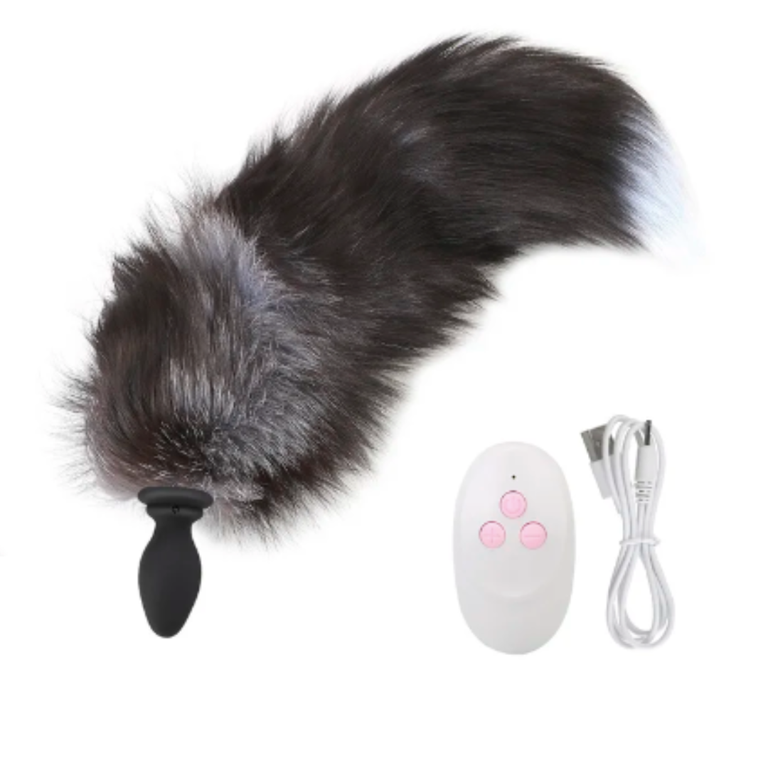 Black fox tail vibrating anal plug with remote control