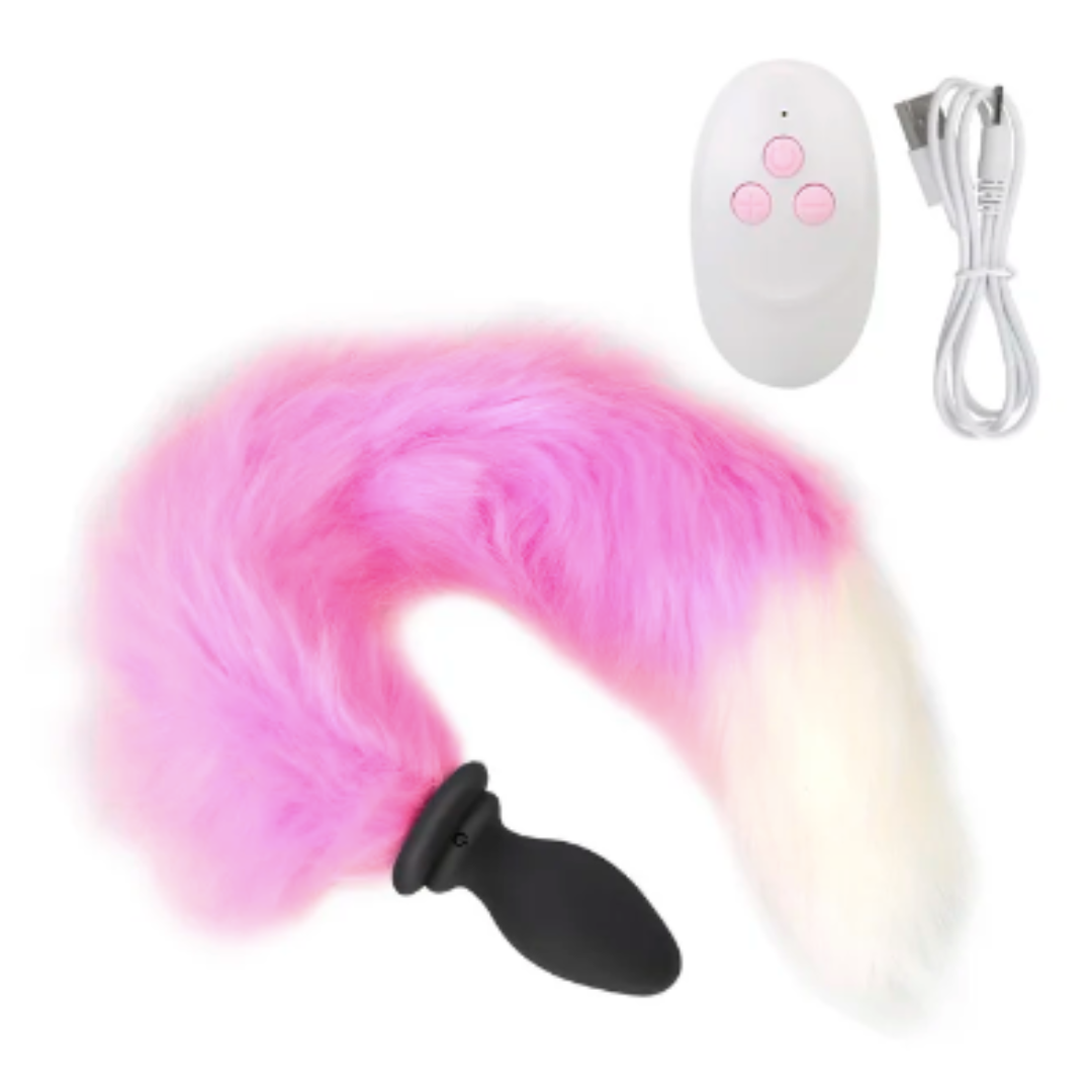 Pink fox tail vibrating anal plug with remote control